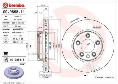 09986811 TARCZA HAMULCOWA 09.9868.11 SZT BREMBO BREMBO підбір по vin на Brocar