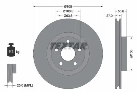 92306703 Диск гальмівний (передній) Ford Focus 1.0/1.5 EcoBoost/2.0 EcoBlue 18- (308x27) PRO TEXTAR підбір по vin на Brocar