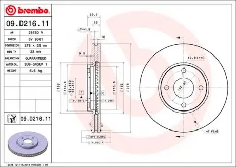 09D21611 Гальмівний диск BREMBO підбір по vin на Brocar