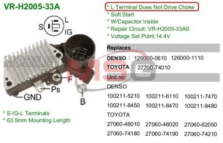 VRH200533A Регулятор напряжения генератора MOBILETRON підбір по vin на Brocar