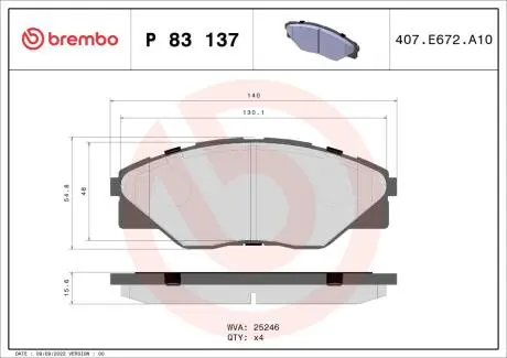 P83137 Комплект гальмівних колодок, дискове гальмо BREMBO підбір по vin на Brocar