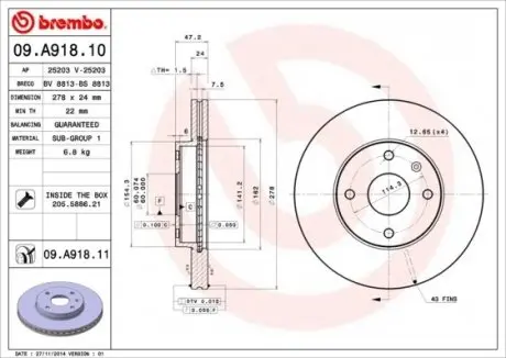 09A91810 Диск гальмівний BREMBO підбір по vin на Brocar