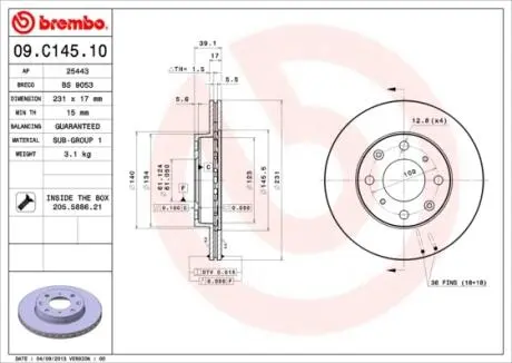 09C14510 Гальмівний диск BREMBO підбір по vin на Brocar