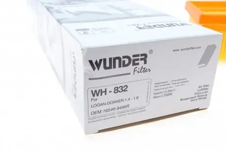 WH832 Фільтр повітряний Renault Logan 04- WUNDER FILTER підбір по vin на Brocar