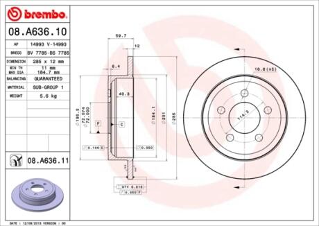 08A63610 Гальмівний диск BREMBO підбір по vin на Brocar