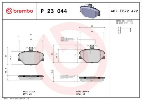P23044 Гальмівні колодки, дискове гальмо (набір) BREMBO підбір по vin на Brocar