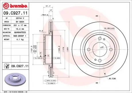 09C92711 Тормозной диск BREMBO підбір по vin на Brocar