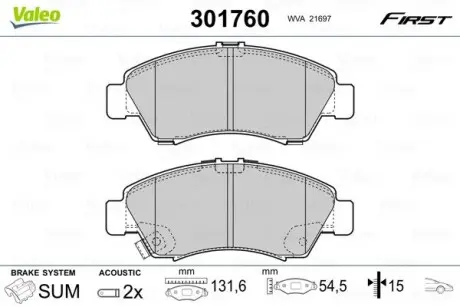 301760 Гальмівні колодки дискові HONDA Civic/Jazz/Logo "1,2-1,6 "F "91-08 VALEO підбір по vin на Brocar