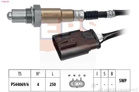 1998381 Лямбда-зонд (кількість проводів 4, 250mm) ALFA ROMEO MITO, FIAT FIORINO, PUNTO, QUBO 1.2-1.4LPG 02.06- EPS підбір по vin на Brocar