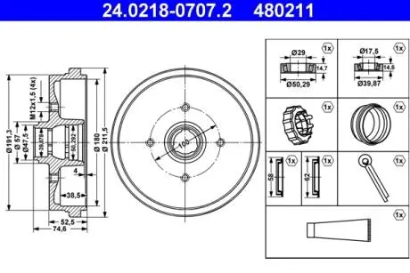24021807072 Барабан HAM. VW T. GOLF / JETTA / PASSAT / POLO / SCIROCCO 73-01 з підшипником ATE підбір по vin на Brocar