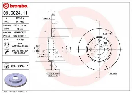 09C82411 Гальмівний диск BREMBO підбір по vin на Brocar