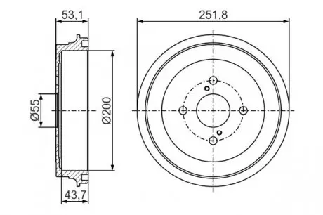 0986477296 Барабан гальмівний (задній) Toyota Yaris 05- (53,1x251,8) d1=55mm/d2=200mm BOSCH підбір по vin на Brocar