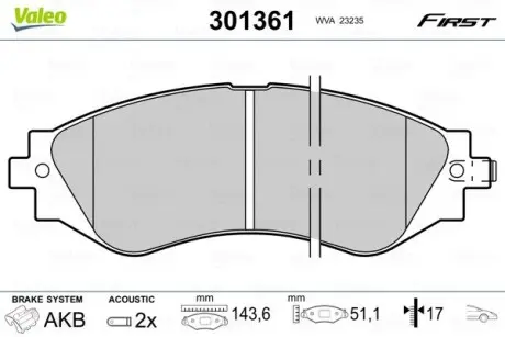 301361 Гальмівні колодки дискові CHEVROLET/DAEWOO Epica/Lacetti/Nubira/Rezzo/Leganza "1,4-2,2 "F "97>> VALEO підбір по vin на Brocar