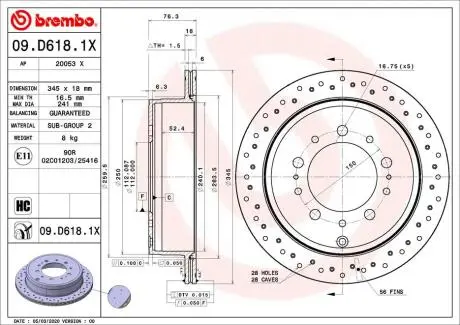 09D6181X Тормозной диск задний BREMBO подбор по vin на Brocar