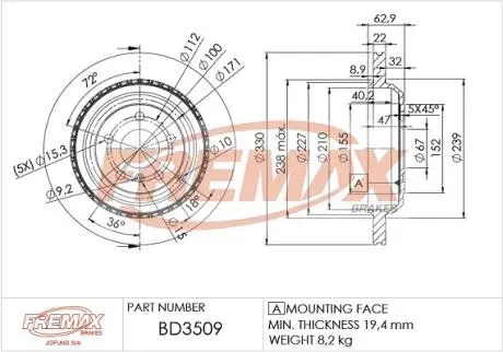 BD3509 Диск гальмівний задній FREMAX підбір по vin на Brocar