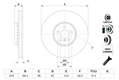 0986479F60 Гальмівний диск BMW 340/550/550/725-750/X5 \'\'FL d=374mm \'\'15>> BOSCH підбір по vin на Brocar