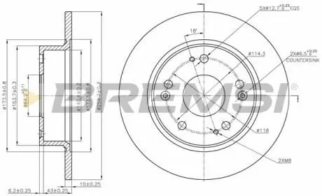 CD7390S Тормозной диск зад. Honda Accord 04-08 (260x10) BREMSI подбор по vin на Brocar