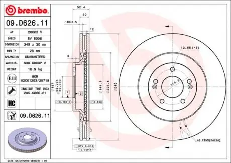 09D62611 Диск тормозной передний HYUNDAI i30 (PDE, PD, PDEN) 11/16-> / HYUNDAI i30 FASTBACK (PDE, PDEN) 06/17-> BREMBO подбор по vin на Brocar