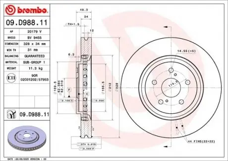 09D98811 Диск гальмівний BREMBO підбір по vin на Brocar