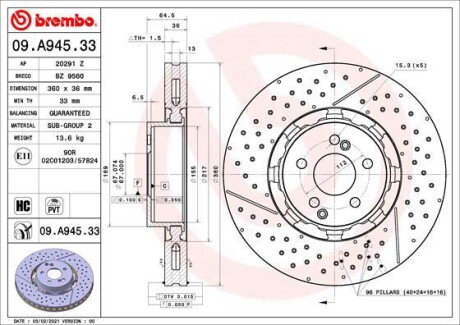 09A94533 TARCZA HAMULC. MERCEDES W204 C-KLASA 07-14 PRZÓD BREMBO підбір по vin на Brocar