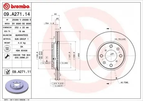 09A27114 Тормозной диск Brembo BREMBO подбор по vin на Brocar