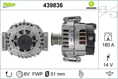 439836 Генератор (14В, 180А, новий) MERCEDES C (W204), CLS (C218), CLS SHOOTING BRAKE (X218), E T-MODEL (S212), E (W212), GLE (W166), GLK (X204), M (W166), SLC (R172), SLK (R172), SPRINTER 3 1.8-3.0D 09.03- VALEO підбір по vin на Brocar
