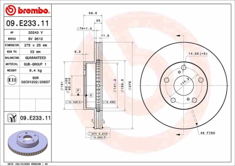 09E23311 TARCZA HAMULC. TOYOTA TACOMA 04-15 PRZÓD BREMBO підбір по vin на Brocar