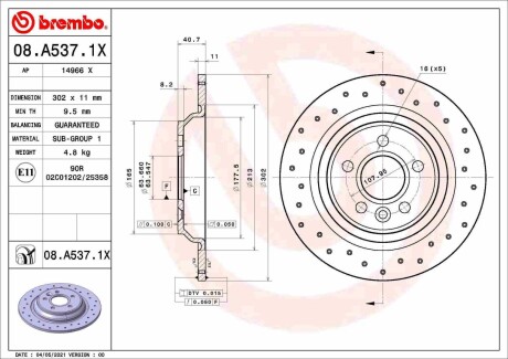 08A5371X TARCZA HAMULC. VOLVO S80 II 06- TYŁ BREMBO підбір по vin на Brocar