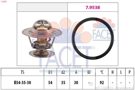 78279 Термостат Opel Omega A/Ascona B/Ford Scorpio/Volvo S60/S70/V70 2.0-3.0 i/D -98 (92 C) FACET підбір по vin на Brocar