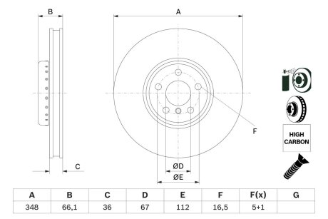 0986479F59 Диск гальмівний (передній) BMW 5 (G30/F90)/7 (G11/G12) 15- (348x36) (R) BOSCH підбір по vin на Brocar