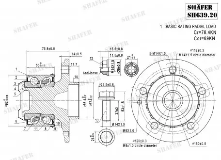 SH63920K Підшипник маточини передній + вантажопідйомний к-кт MB W639 Vaneo 03-, Viano 03- SHAFER підбір по vin на Brocar