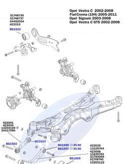 BG1502 Сайлентблок важеля (заднього/зверху) Opel Vectra S 1.9CDTI/2.0DTI 02-(47.50x14.00x54.00)до рестайлінг BELGUM підбір по vin на Brocar