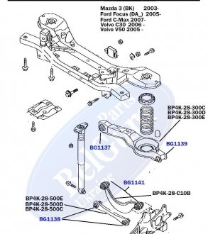 BG1139 Сайлентблок важеля (заднього/ззовні) Mazda 3/Ford Focus/Volvo C30 (36.5x12x35.2x45)(під пружину) BELGUM підбір по vin на Brocar