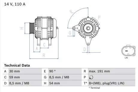 0986083270 Генератор (14V, 110A) AUDI A1, Q2, SEAT ARONA, ATECA, IBIZA IV, IBIZA IV ST, LEON, LEON SC, LEON ST, TOLEDO IV, SKODA FABIA III, KAROQ, KODIAQ, OCTAVIA III, RAPID, VW CADDY ALLTRACK 1.0-1.5 08.12- BOSCH підбір по vin на Brocar