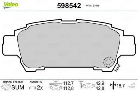 598542 Комплект гальмівних колодок, дискове гальмо VALEO підбір по vin на Brocar