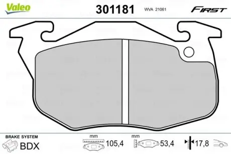 301181 Колодки гальмівні PEUGEOT P. 106/306 91-01 VALEO підбір по vin на Brocar