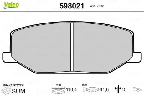 598021 Гальмівні колодки, дискове гальмо (набір) VALEO підбір по vin на Brocar