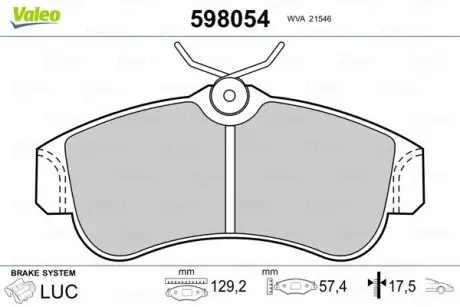 598054 Тормозные колодки, дисковый тормоз (набор) VALEO подбор по vin на Brocar