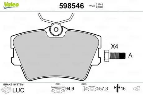 598546 Тормозные колодки, дисковый тормоз (набор) VALEO подбор по vin на Brocar