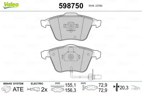 598750 Тормозные колодки, дисковый тормоз (набор) VALEO подбор по vin на Brocar