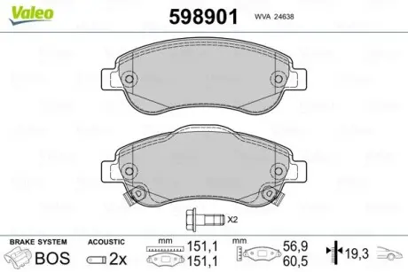 598901 Гальмівні колодки, дискове гальмо (набір) VALEO підбір по vin на Brocar