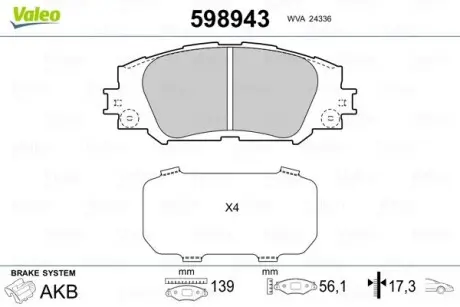 598943 Гальмівні колодки, дискове гальмо (набір) VALEO підбір по vin на Brocar