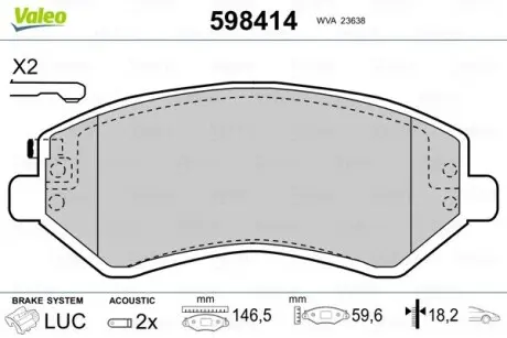 598414 Тормозные колодки, дисковый тормоз (набор) VALEO подбор по vin на Brocar