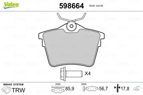 598664 Тормозные колодки, дисковый тормоз (набор) VALEO подбор по vin на Brocar
