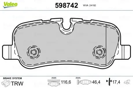 598742 Гальмівні колодки, дискове гальмо (набір) VALEO підбір по vin на Brocar