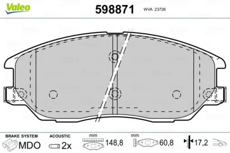 598871 Гальмівні колодки, дискове гальмо (набір) VALEO підбір по vin на Brocar