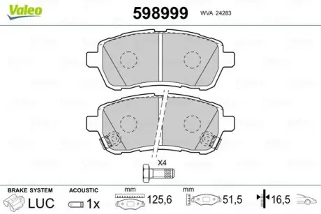 598999 Тормозные колодки, дисковый тормоз (набор) VALEO подбор по vin на Brocar