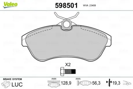 598501 Гальмівні(тормозні) колодки VALEO підбір по vin на Brocar