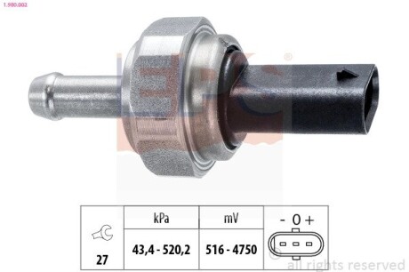 1980002 Датчик давления отработавших газов BMW 1 (F20/F21) 1.4d-2.5d/3 (E90/F30/F80) 1.6d-2.5d/5 (F10/F11)/X5 (F15/F85) 2.5d-3.0d EPS підбір по vin на Brocar