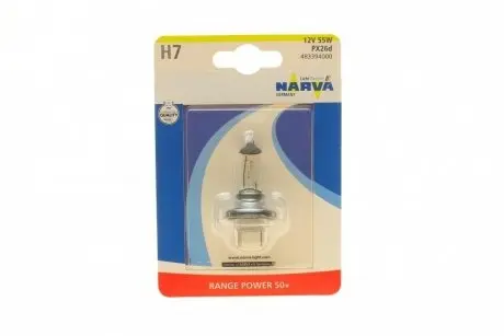 483394000 Автолампа H7 12V 55W PX26d Range Power 50+ (блістер/ 1шт) NARVA підбір по vin на Brocar